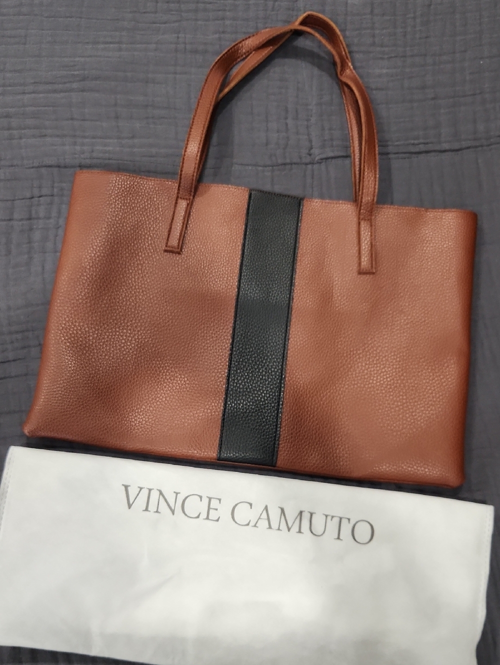 Vince Camuto Cognac Leather Tote with Black Accent - 17x11.5 NWOT